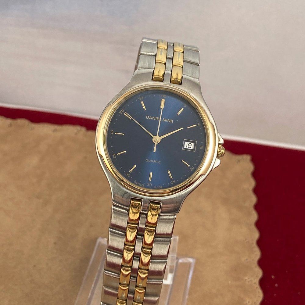 Vintage 2 Tone Daniel Mink Swiss Made Watch Elegantly Styled Blue Face